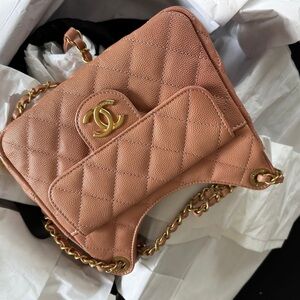 Chanel Quilted Tan Caviar Crossbody Bag with Gold Chain